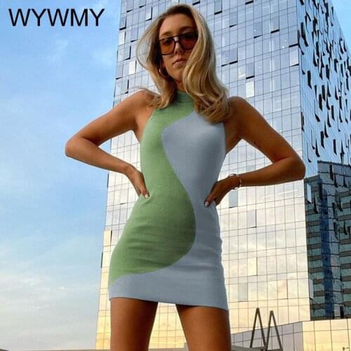 WYWMY Y2K Knit Bodycon Dress Women Sleeveless 2021 Summer Beach Turtleneck Print Patchwork Sexy Party Mini Dresses 90S Holiday