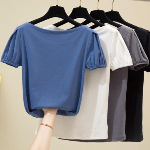 2020 Summer Tops Slash Neck Ruched Short Sleeve T Shirt Women T-Shirt Solid Korean Fashion Tshirt Woman Clothes Tee Shirt Femme