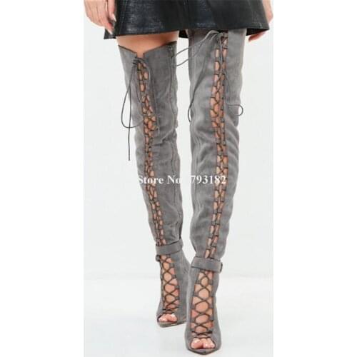 Western Style Women Fashion Peep Toe Suede Leather Over Knee Gladiator Boots Cut-out Lace-up Grey High Heel Long Boots