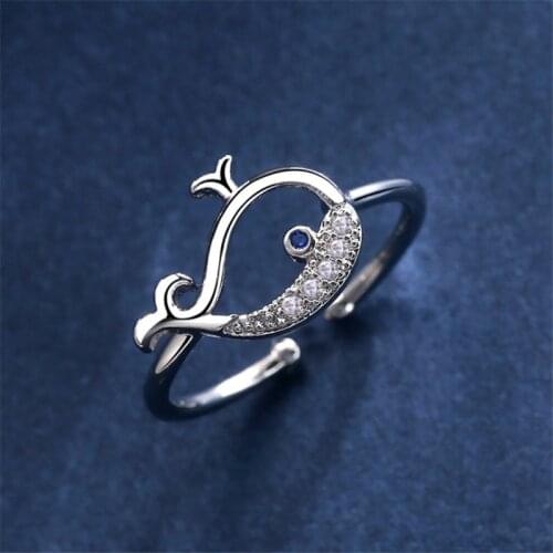 Cute Romantic Animal Whale Finish For Lovers Rings With White Stones Open Rings For Ladies Womans Jewelry