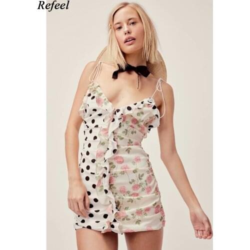 Elegant vintage summer print dress patchwork deep v neck slimming waistline backless ruffles high waist strap short dress
