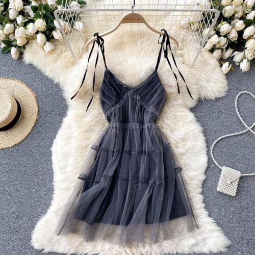 2021 New Summer Womens Fashion Sexy Sleeveless Gauze Sweet Slim Holiday A-line Dress Clothes Korean Vestido De Mujer S873