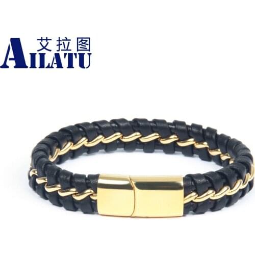 Gold Color Stainless Steel Chains Genuine Leather Bracelet Magnetic Clasp Fashion Bangles Laser Printing Customizable Name Logo