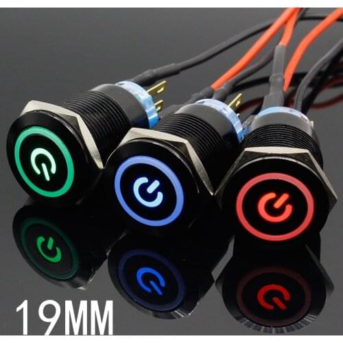 19mm Metal Alumina black press button Led power mark lamp button Momentary/Latching control PushButton Switch 5V 12V 24V 220V