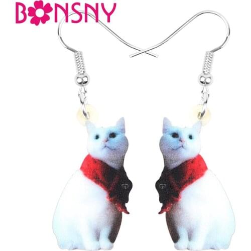 Bonsny Acrylic Christmas Scarf Shih Tzu Cat Kitten Earrings Drop Dangle Animal Jewelry For Women Girls Teen Kids Decoration Gift