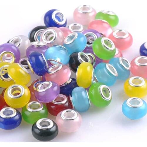 13mm Silver Big hole Round Opal Bead Flat Round Charms Beads Fit European Braclet DIY 10PCS DK-060X