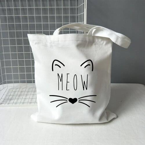 Cute Meow Cat Canvas Shopping Bag Women Large Capacity Storage Handbag Shoulder Tote Reusable Student Bookbag Fashion Shopper