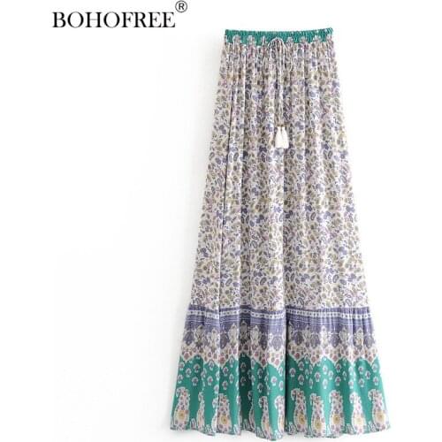 Summer 2020 New Women Casual Skirts Lady Bohemian Style Floral printed Tassel Rayon Cotton Slim Elastic waist Long Loose Skirts
