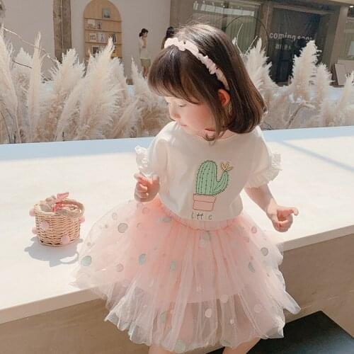 Summer Girls Clothing Sets Cute Cartoon Bow T-Shirt+Lovely Tulle Princess Skirt New Style Children Kids Elegant Costumes 2Pcs