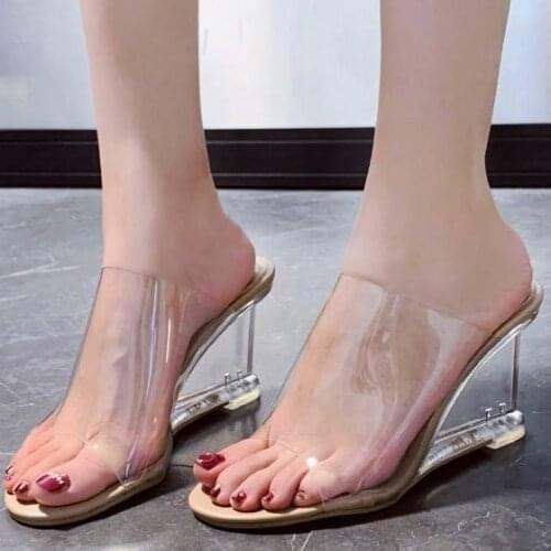 LIHUAMAO Transparent Wedges slides Women high heel slipper sandals casual outdoor peep toe comfortable pumps shoes