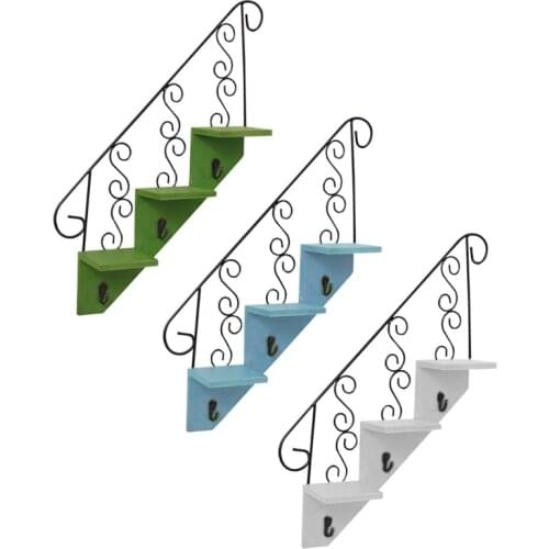 Nordic Style Wall Decoration Wooden Shelf Iron Hook Staircase Storage Rack for Display Flower Pot Bookshelf