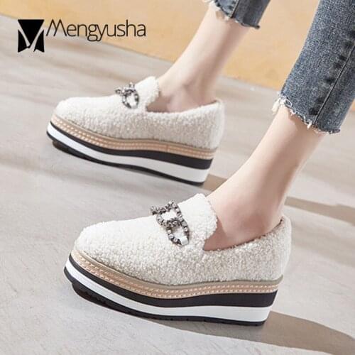 Muffins Crystal chain lambswool flats woman flat platform shoes creepers winter furry shoes women thick soled fur loafers brogue