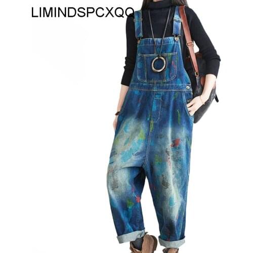 LIMINDSPCXQQ Spring 2021 British Womens Bleached Vintage Overalls Ladies Printed Loose Denim Pants Female Trousers Plus Size New