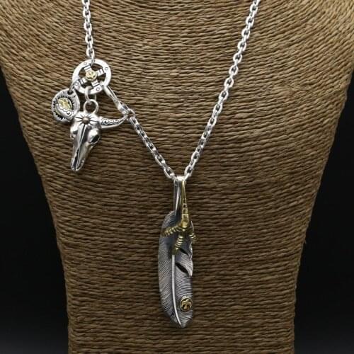S925 Sterling Silver Retro Thai Silver Vintage Fashion Style Men And Women Personality Classic Feather Necklace Sweater Chain