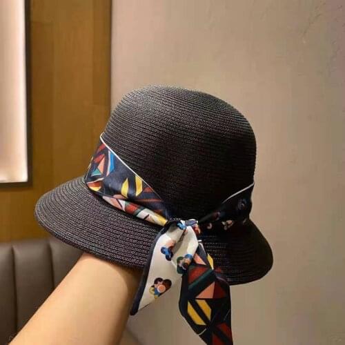 Bucket Hat Women Straw Designer Handmade Summer UV Protect Ribbon Print Beach Straw Cap Elegant Top Visor Hats 2021 Sun Hats