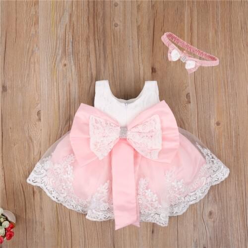 2021 Newborn Baby Princess Girls Dress Headband 6 Colors Sleeveless Lace Bow Flowers Dress Wedding Party Kids Clothes 0-24M