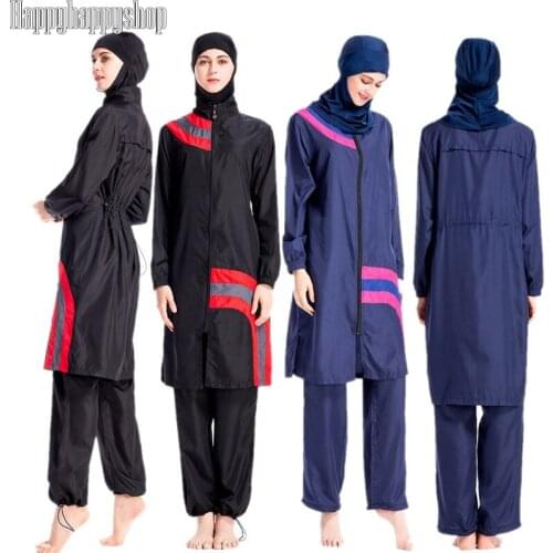Modesty Full Cover Muslim Casual Swimwear Women Islamic Long Sleeve Zipper Swimsuit Beachwear Burkinis Hijab Sets