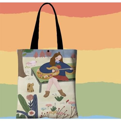 Guitar Girl Pattern Shopping Bags Women' Canvas Student Multifunction Beautifully Storage Shoulder Bag All-match Casual Handbags