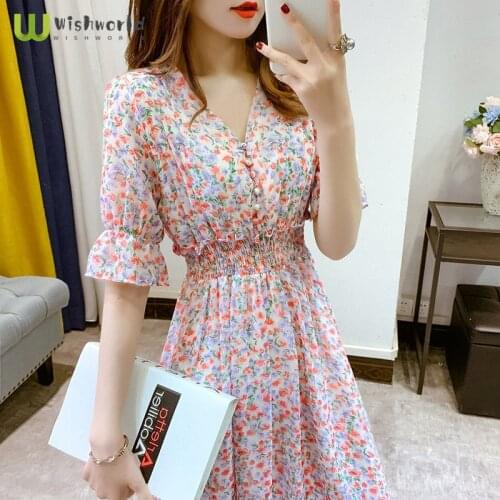 Enlarge New Korean Puff Sleeve Chiffon Party Dress Fashion Casual Flowers V-Neck Mini Dress Grace Fall Dresses For Women 2021