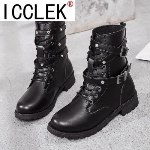 2021 Spring Women Boots Autumn Fashion Black Leather Platform Gothic Boots Punk Combat Mid-Calf Boots for Women