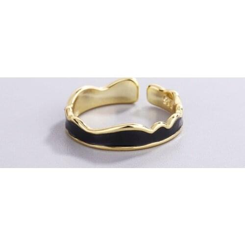Sole Memory Black Drip Glaze Wave 925 Sterling Silver Female Resizable Opening Rings SRI948