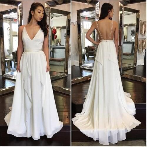 Simple V-Neck A-line Chiffon Pleats Backless Long Prom Dresses robe de soiree Evening Party Dress
