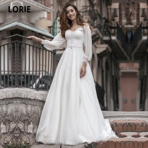 LORIE New Boho Wedding Dresses Two Pieces Appliques Lace V-Neck Chiffon A-Line Corset Beach Bride Gown 2021 vestidos de novia