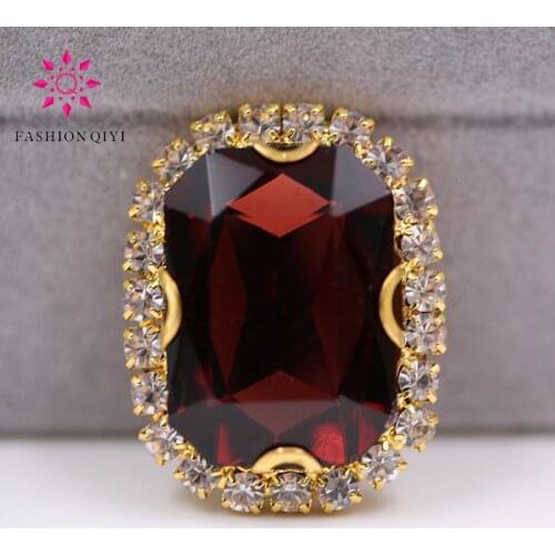 Gold base Rectangular octagonal shape Wine Red sew on rhinestones glass Crystal button DIY Wedding dress/clothing accessories