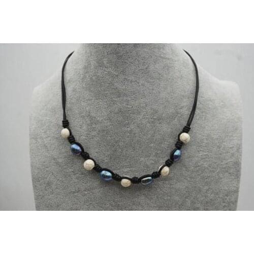 2018 New Arriver 8-11mm Big Size Rice Pearl Necklace Turquoises Freshwater Pearl Leather Necklace Wedding Gift For Woman