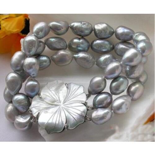 Unique Pearls jewellery Store 3row 13mm Gray Baroque Freshwater Cultured Pearl Bracelet Charming Women Jewelry Gift