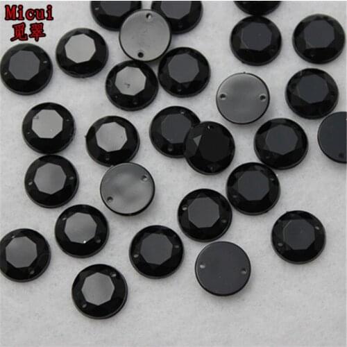 Micui 100pcs 12mm Black Color Round Acrylic Rhinestone Flatback Crystal Stone For Clothes Crafts Decorations Sew on 2 Hole ZZ439