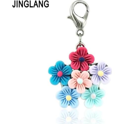JINGLANG Brand New Charms With Lobster Clasp Dangle Six Resin Flower Pendants DIY Charms For Jewelry Making Accessories