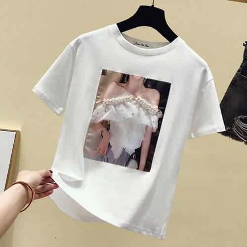 Summe Pearls Beading Print T-shirt Women Short Sleeve Knitted Cotton Tee Shirt Women Casual White Tops Women Harajuku 2020 New