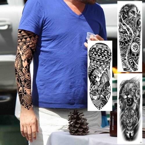 Maori Temporary Tattoos Sleeve For Men Women Realistic Fake God Compass Lion Tiger Tattoo Sticker Washable Full Arm Tatoos Totem