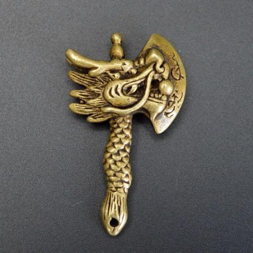 Mini ) Delicate Chinese Old-style Brass Carved Cute Dragon Head Hatchet Auspicious Statue Pendant