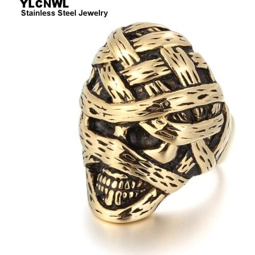 Gold/Black Color Mummy Rings For Men Gothic Punk Rock Biker Cool Male Stainless Steel Jewelry Birthday Party Gift
