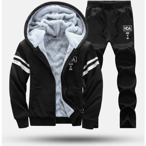 Tracksuit Men Winter Embroidered logo Hoodies Casual Hooded Warm Sweatshirts Thick Fleece 2PC Jacket+Pant Men Moleton Masculino