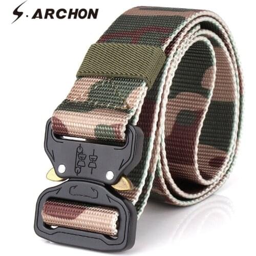 S.ARCHON US Military Camouflage Tactical Belt Metal Buckle Heavy Duty Survival Waist Belt Men Knock Off Thicken Combat Army Belt