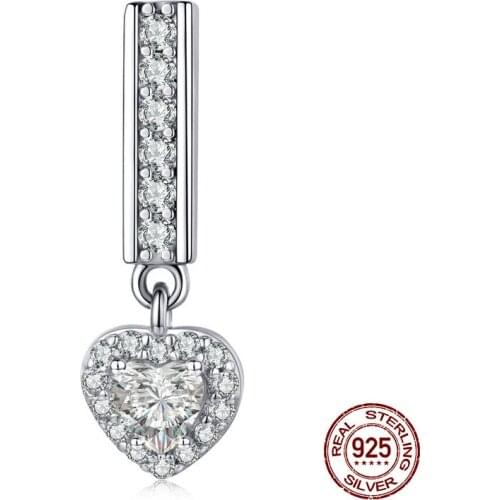 Genuine 925 sterling silver heart shaped clear CZ pendant charm fit bangle & reflexions watch bracelet beads jewelry