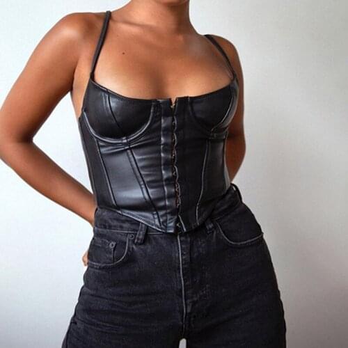 Solid Sexy Crop Top Tank Women PU Leather Cropped Vest Mujer 2021 Spring Sexy Off Shoulder Streetwear Top