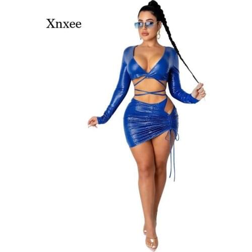 Autumn and Winter Snake Pattern Sexy Long-Sleeved Womens Suit Two-Piece Hollow Top Mini Skirt Suit Club Sportswear