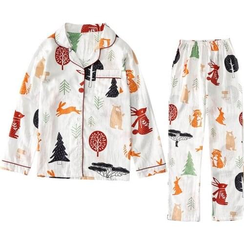 Japanes Style Women Pajamas Set Loose Gauze Cotton Full Sleeve Sweet Sleepwear Cartoon Printed Casual Wear Breathable Homewear