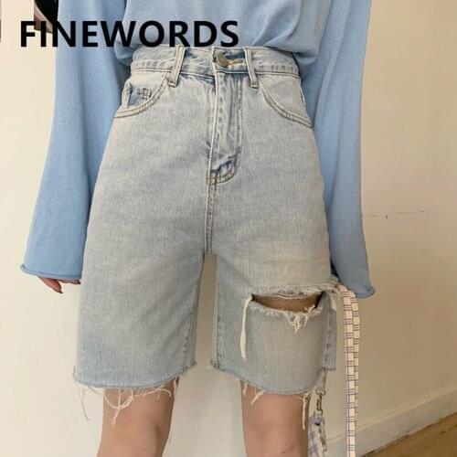 FINEWORDS Summer Mid Length Denim Shorts Women Korean Ripped Straight Jean Shorts Casual High Waist Harajuku Plus Size Shorts