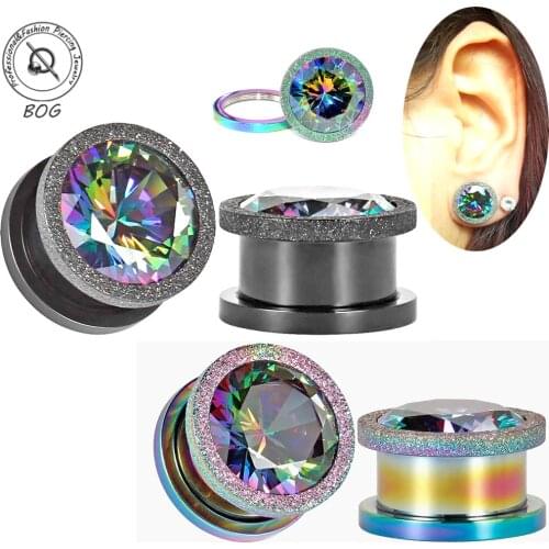 PAIR Ear Plug Tunnel Gauges Steel Screw Aurora Multi Colorful Zircon Crystal Ear Plugs Tunnels Gauges earring gift piercing