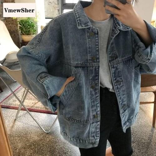 VmewSher New Spring Autumn Women Jacket Denim Batwing Sleeve Pockets Turndown Collar Female Casual Solid Jean Coat Basic Outwear