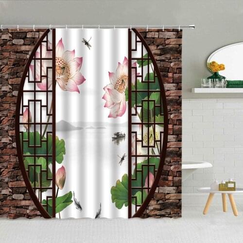 China Element Theme Shower Curtain Flower Bird Fish Landscape Painting Lotus Bamboo Leaves Bath Decor Waterproof Fabric Curtains
