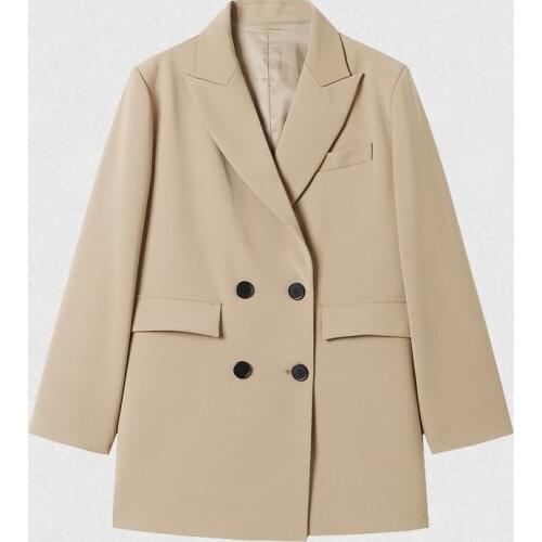 SURUFENG 2021 Autumn Women Long Casual Black Blazer Double Breasted Suit Khaki Jacket Loose Oversize Coat Solid Color Blazer