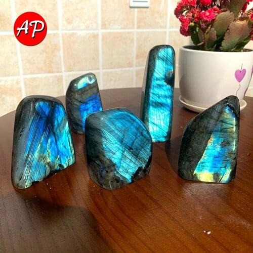 1pc Natural Quartz Colorful Flowing Blue Light Elongated Stone Ornaments Crystal Original Moonstone Home Decoration