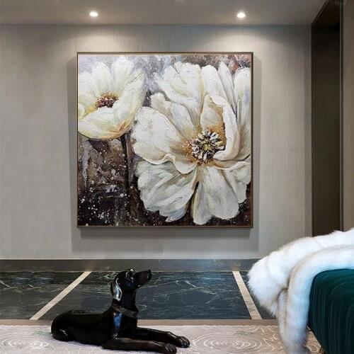 White Flower Gray Background Handmade Wall Art Modern Abstract Oil Painting On Canvas Large Size Wall Painting For Living Room