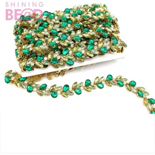 FREE SHIPPING!Bulk green acrylic crystal cup chain gold plated trimming for cloth bag shoe decorate